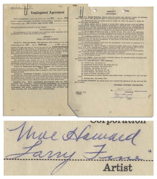 Moe Howard & Larry Fine Signed & Initialed Employment Contract With Columbia Pictures, Dated 1 January 1956 Just After Shemp's Death -- 20pp. Agreement Measures 8.5'' x 11'' -- Very Good
